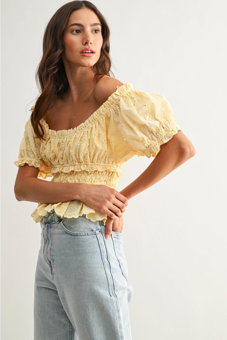 Embroidered Peplum Blouse in Yellow