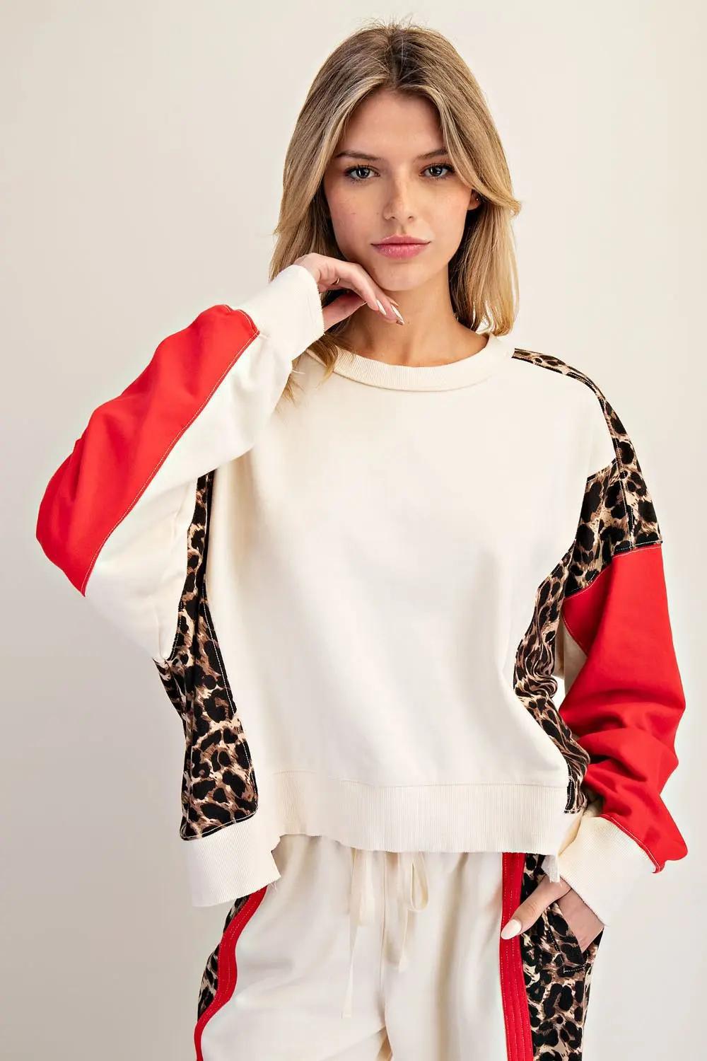 Leopard Color Block Dropped Shoulder Pullover