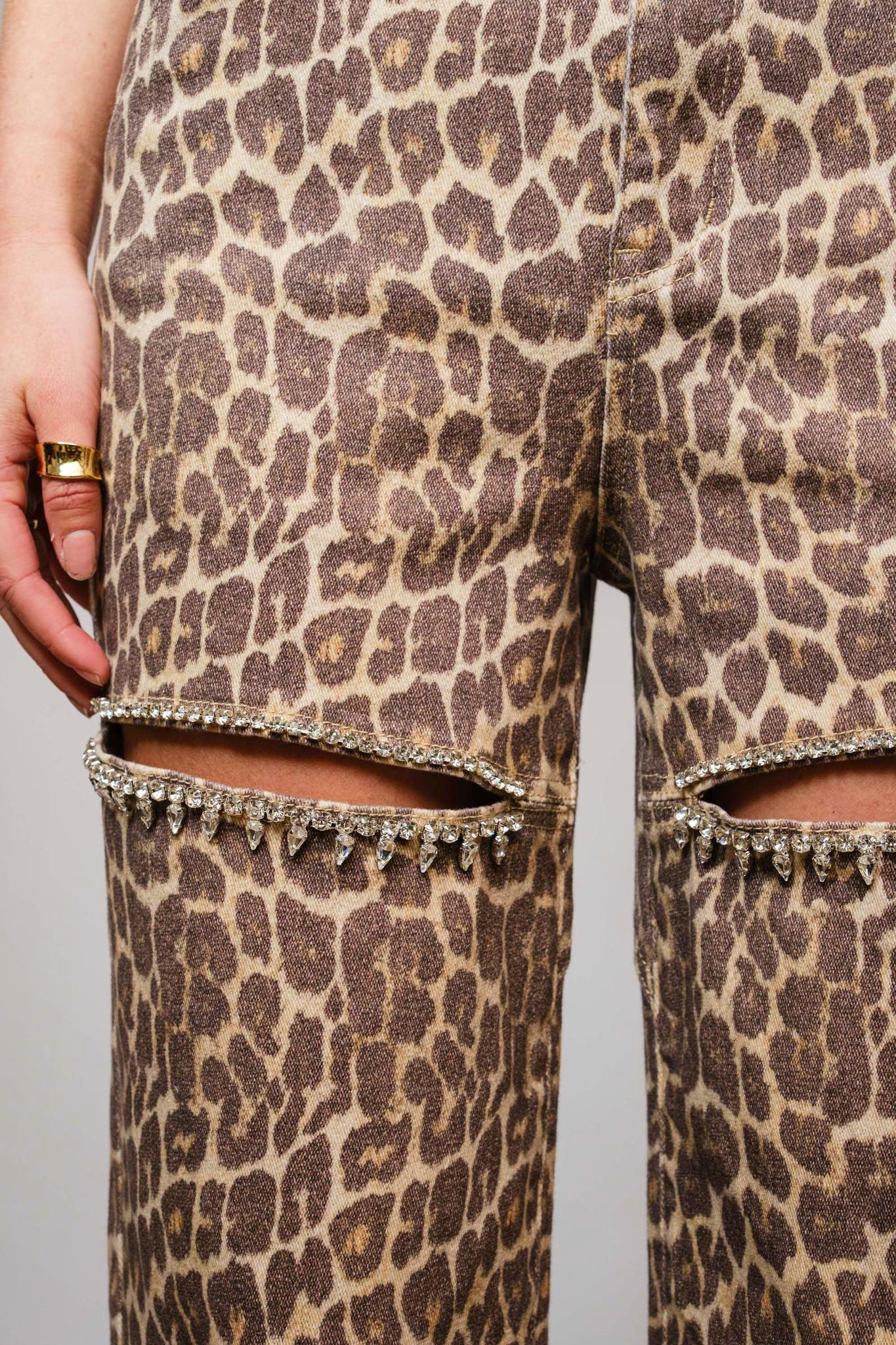 Leopard Print Rhinestone Cutout Jeans