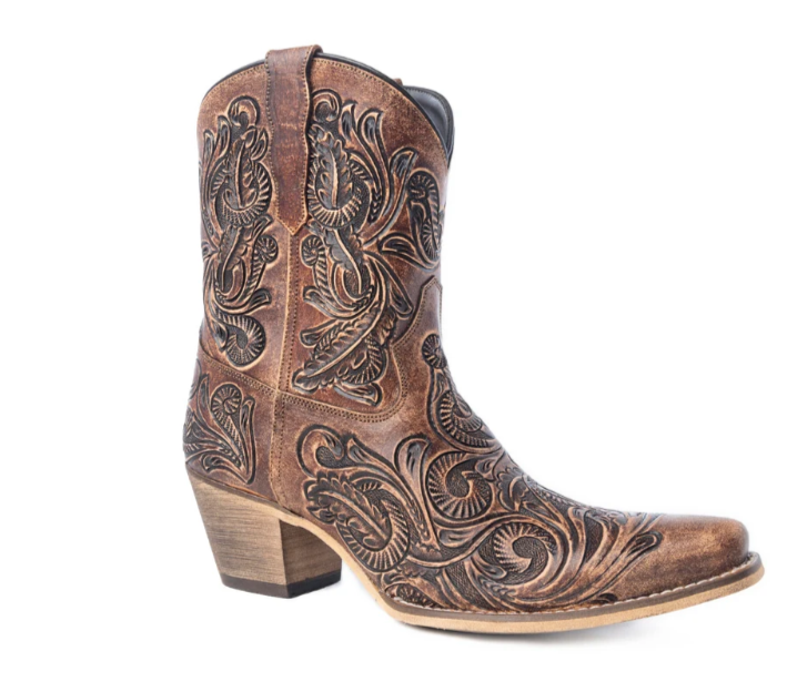 Paisley Vintage Patina Western Booties in Tawny Brown