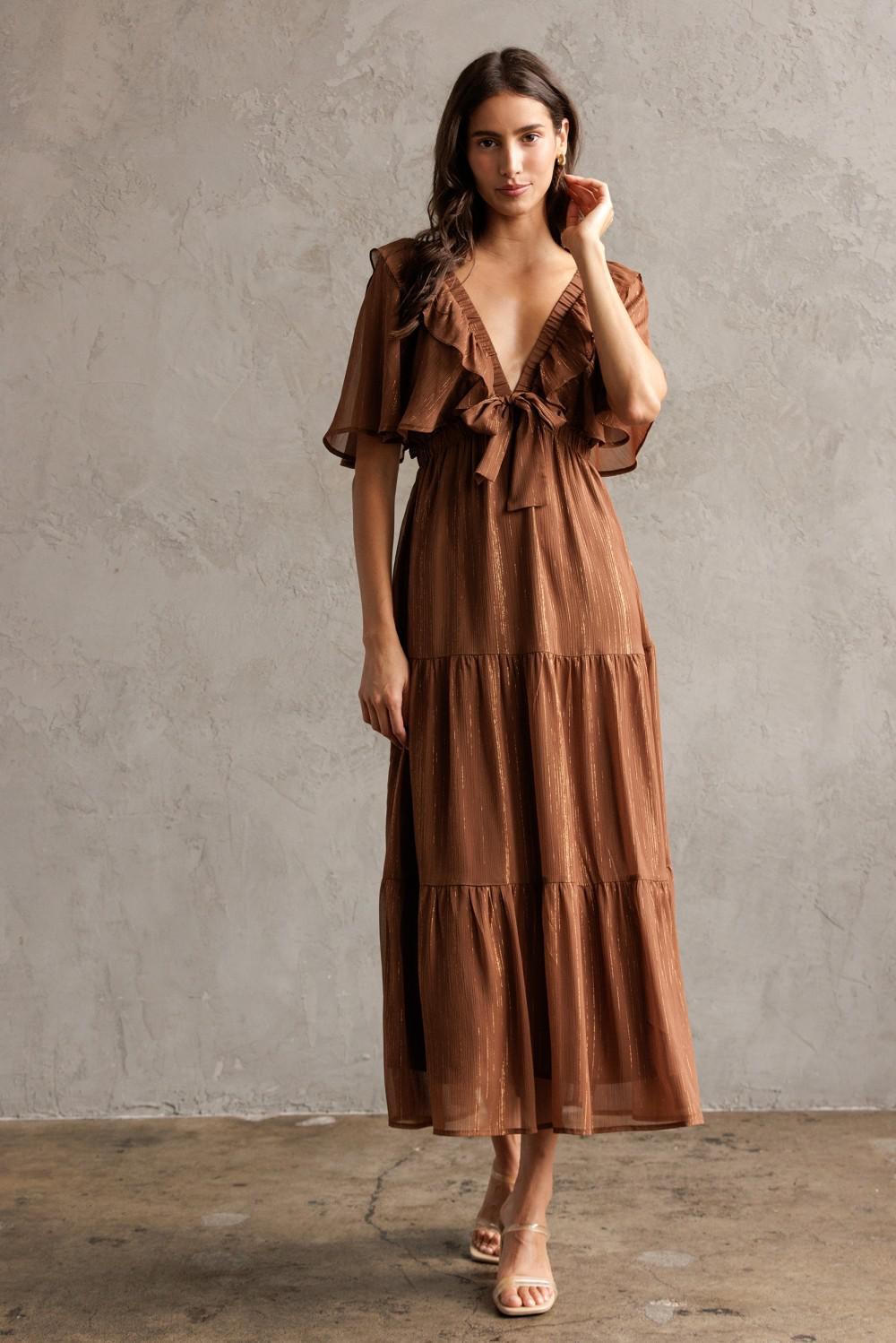 Shimmer Brown Metallic Tiered Midi Dress
