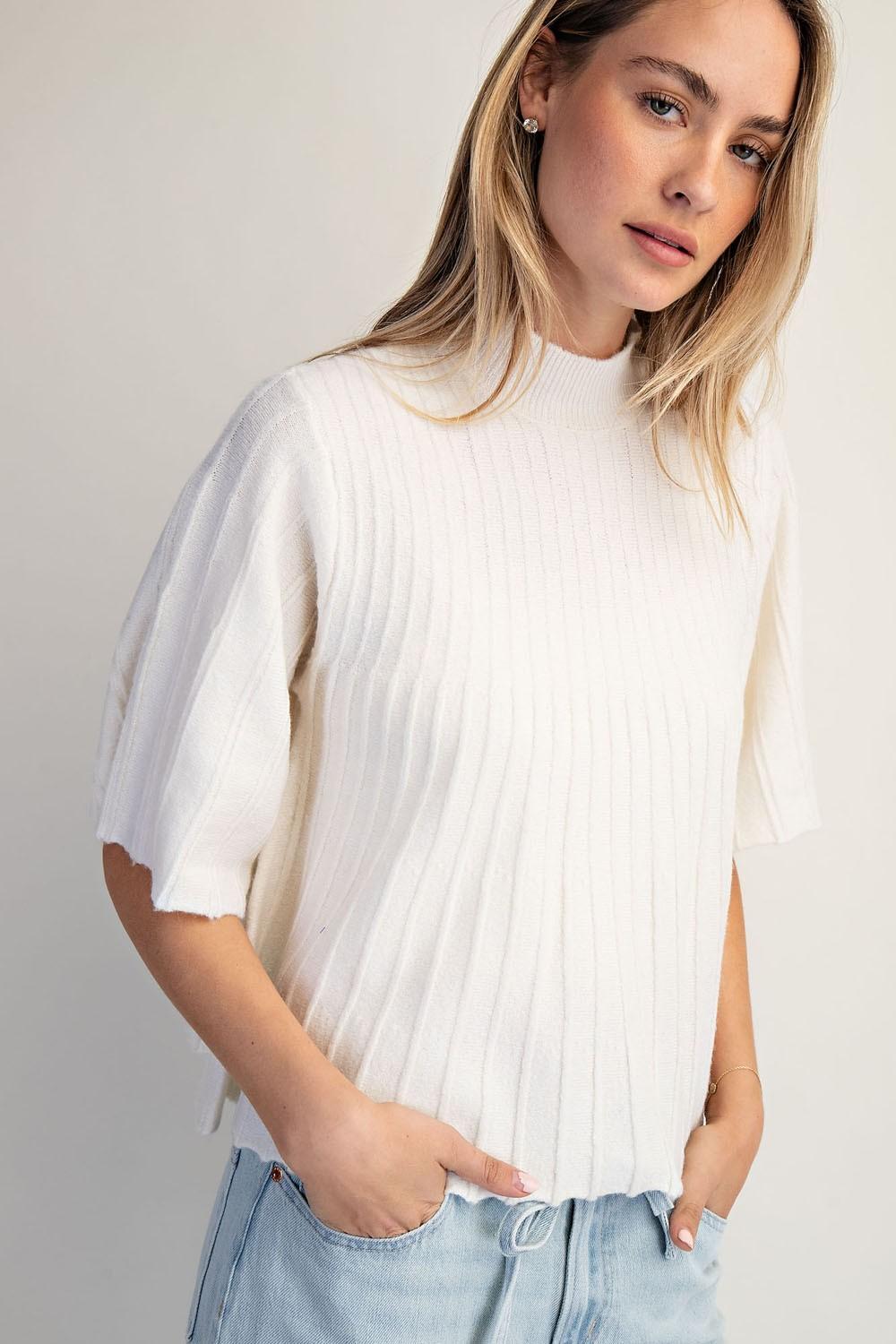 Short-Sleeve Mock-Neck Swing Sweater