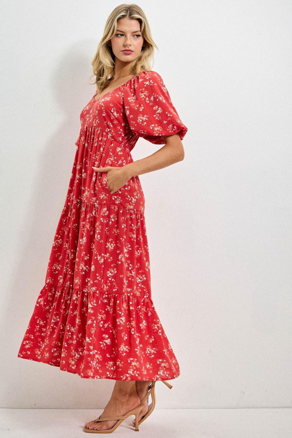 Floral Print Puff Sleeve Tiered Maxi Dress