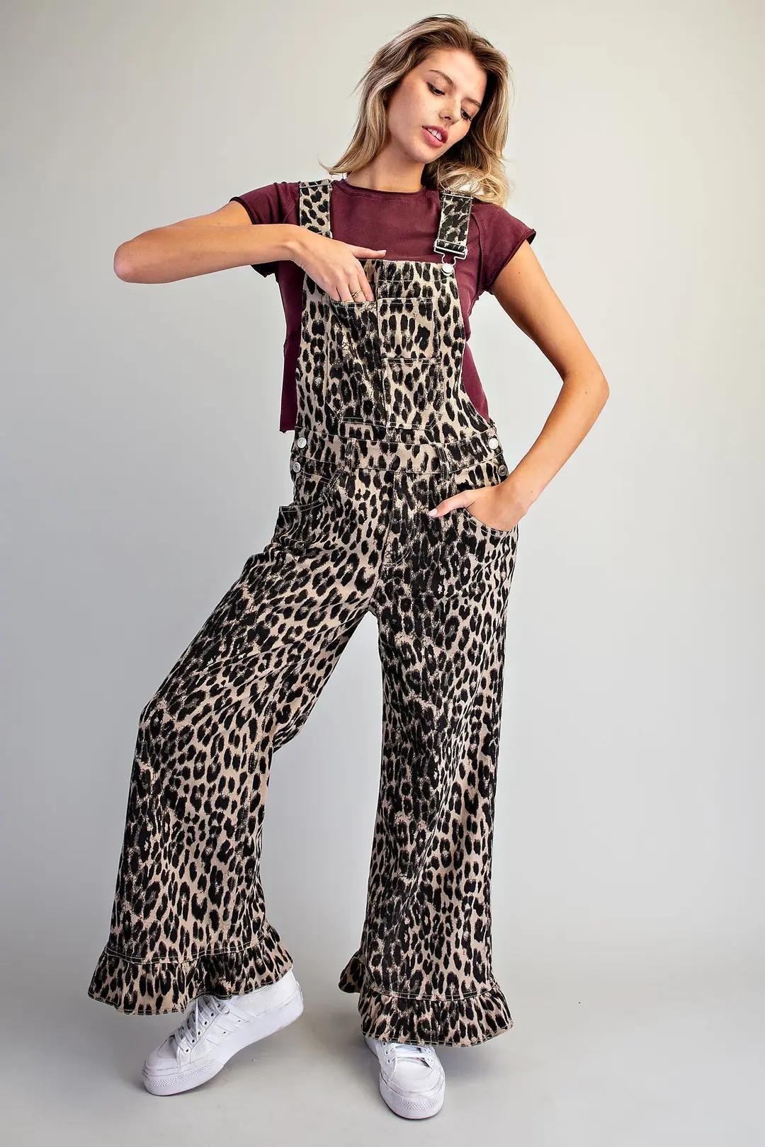 Mineral Washed Leopard Ruffle Hem Jumpsuit