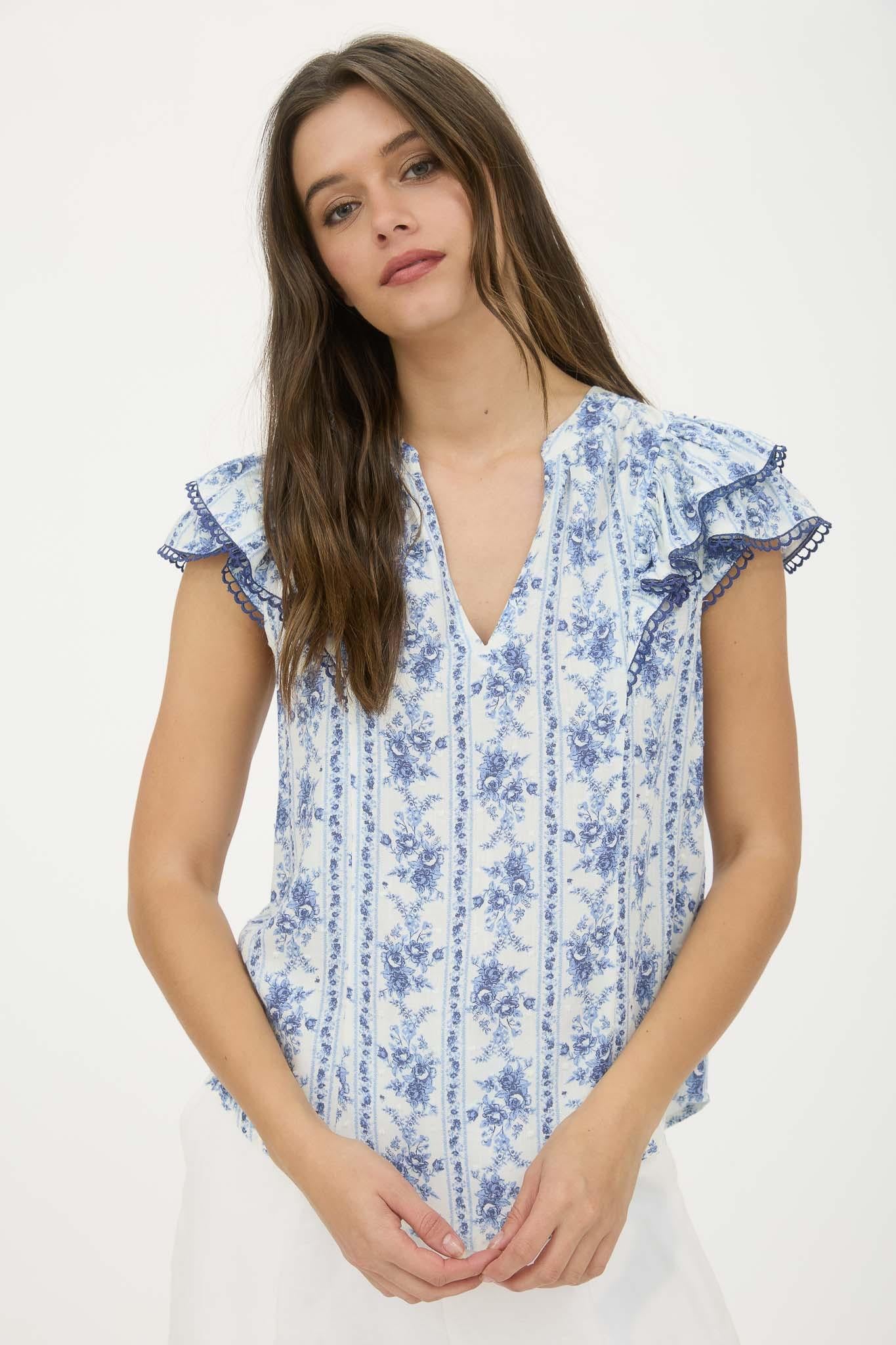 Denim Stripe Floral Ruffle Sleeve Top