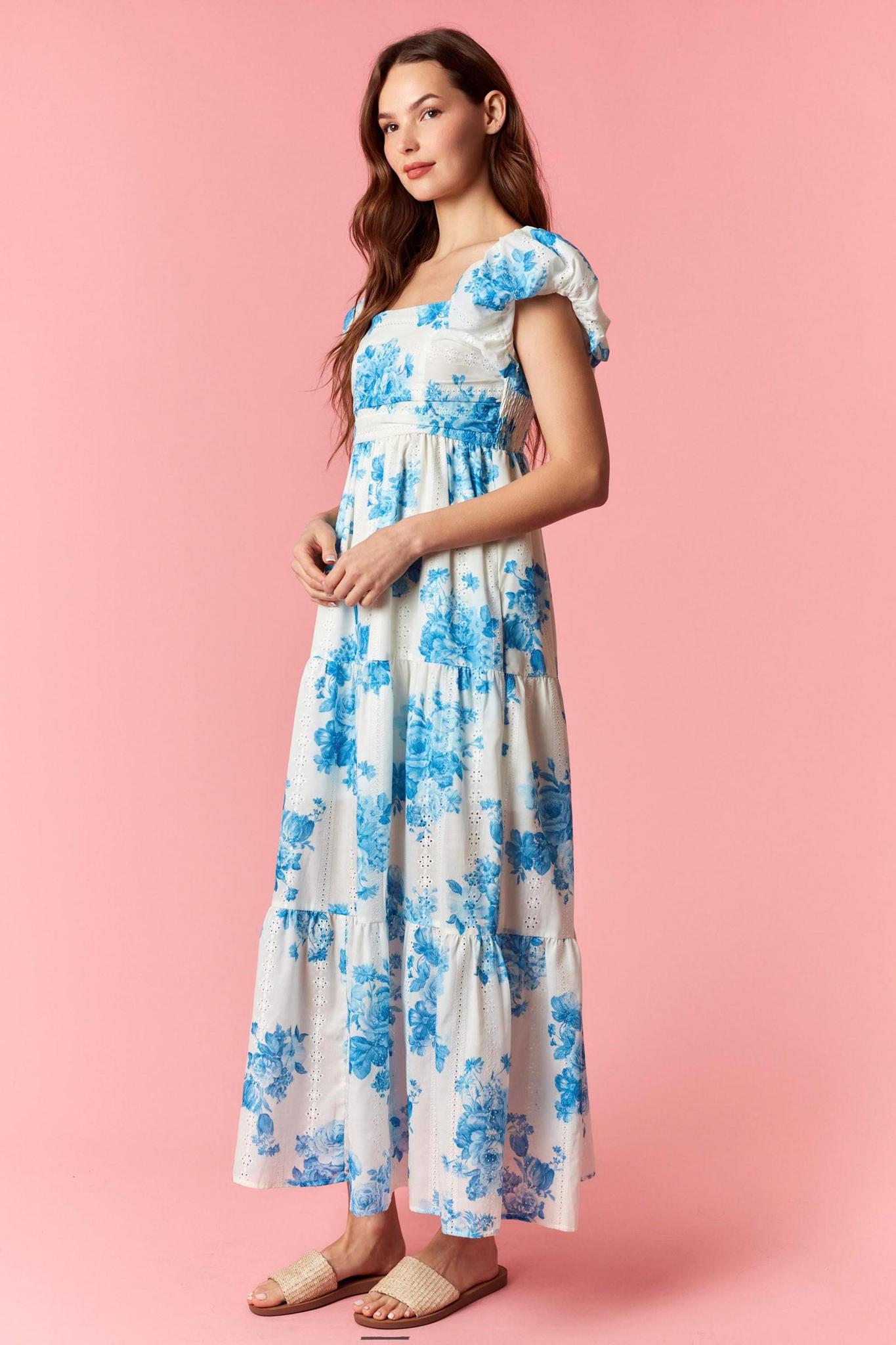 Blue Floral Print Cap Puff Sleeve Smocked Maxi Dress