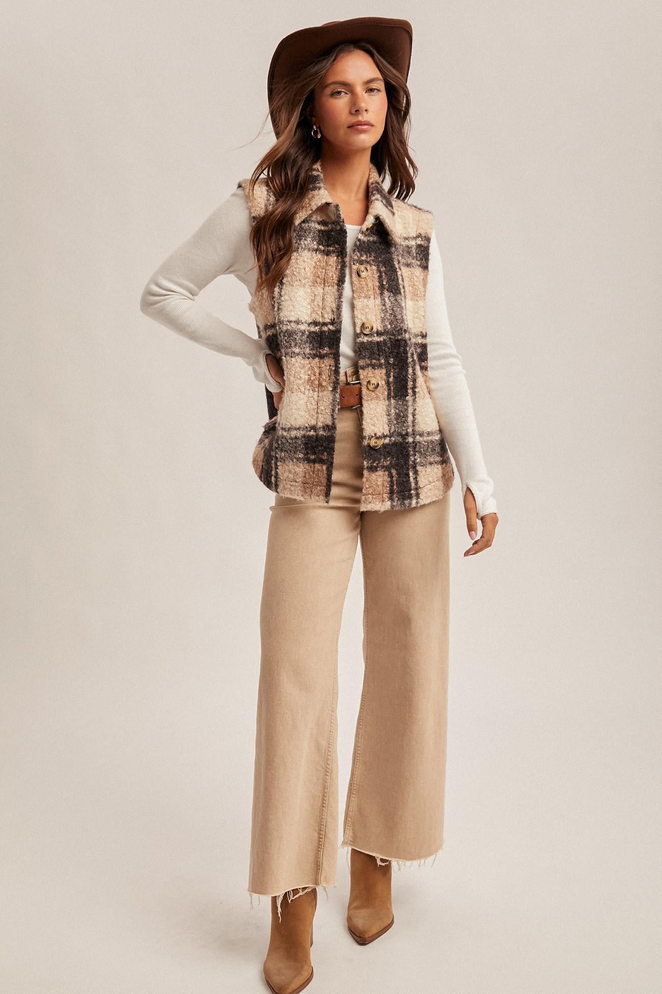 Plaid Boucle Button Down Vest