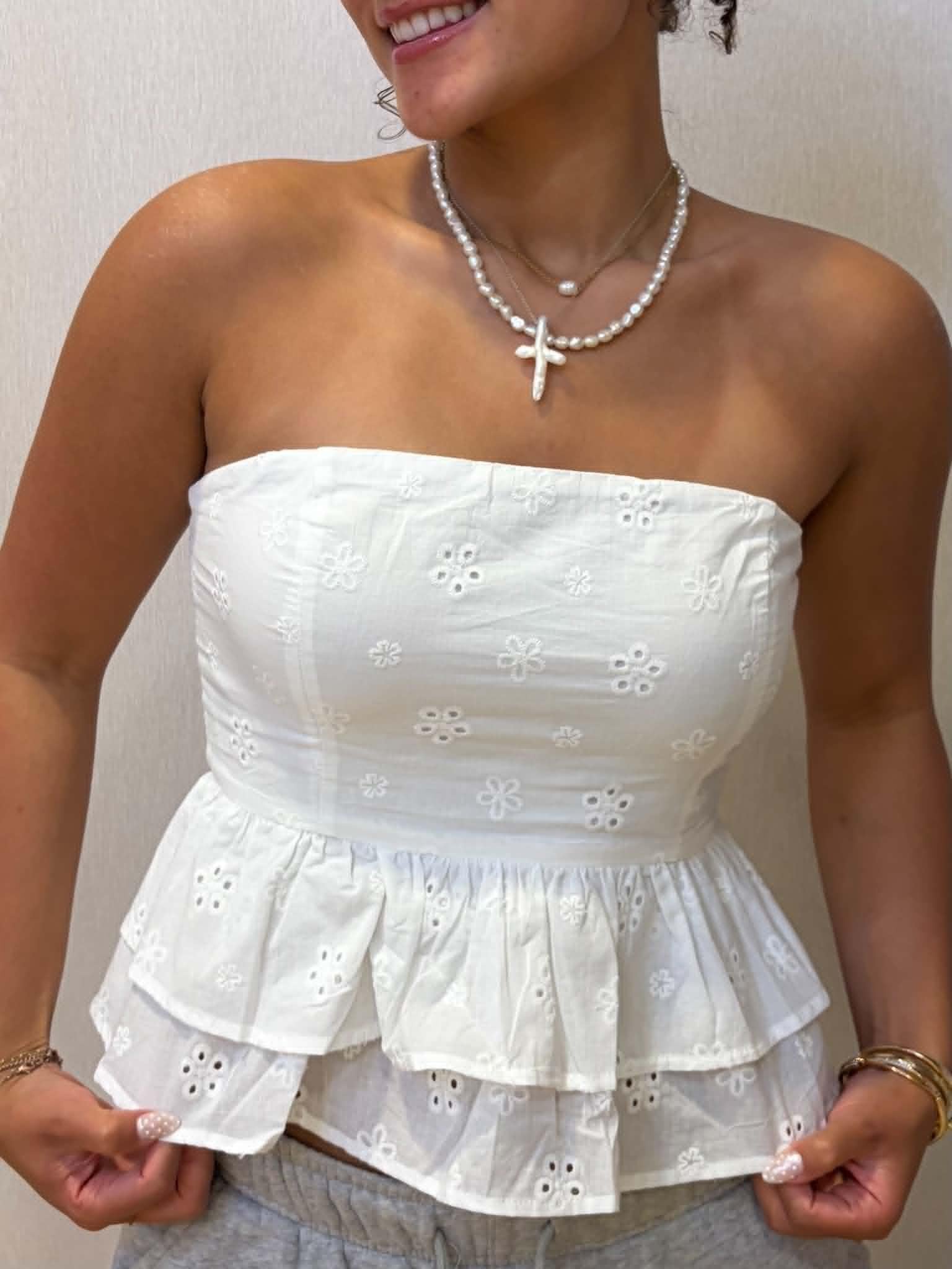 White Eyelet Tiered Peplum Back Tie Top