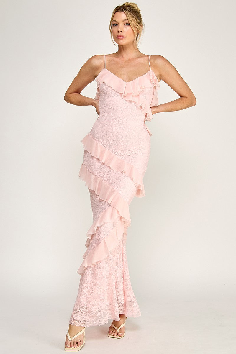 Light Pink Sleeveless Strap Open Back Ruffle Maxi Dress