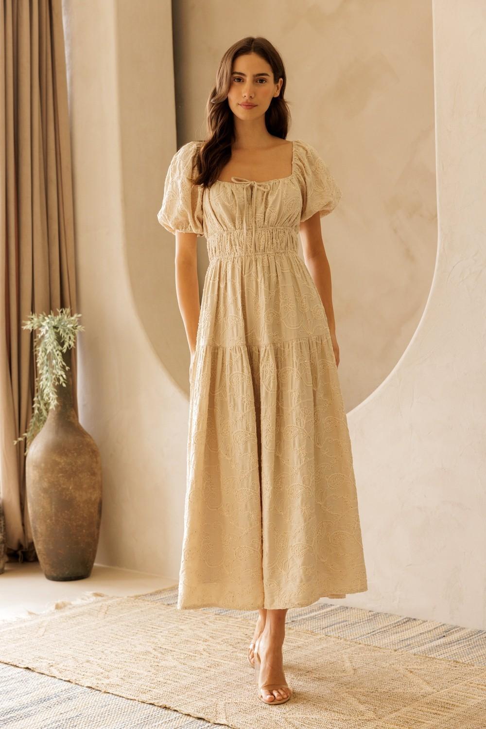 Beige Floral Embroidered Puff Sleeve Midi Dress