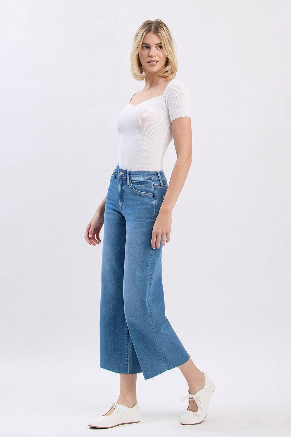 High Rise Clean Cut Raw Hem Crop Slim Wide Jeans