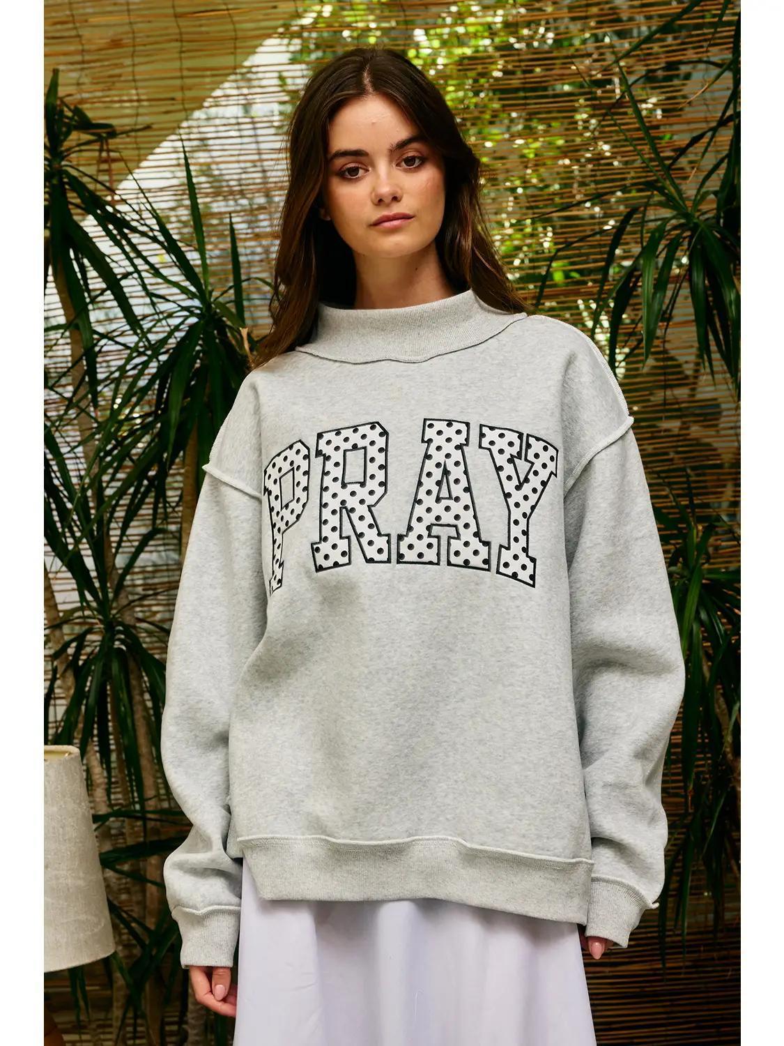 Embroidered Polka Dot "Pray" Mock Neck Sweatshirt