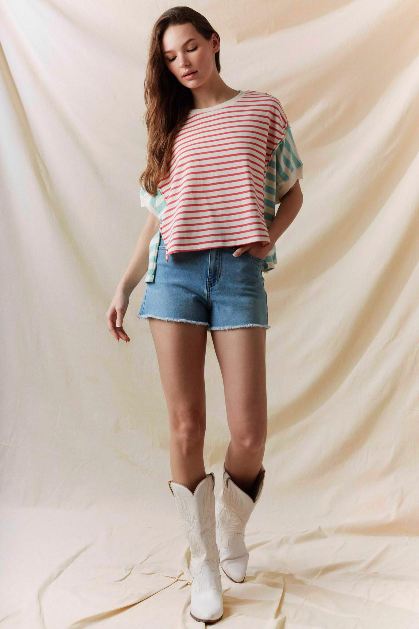 Coral/Mint Stripe Color Block Tee