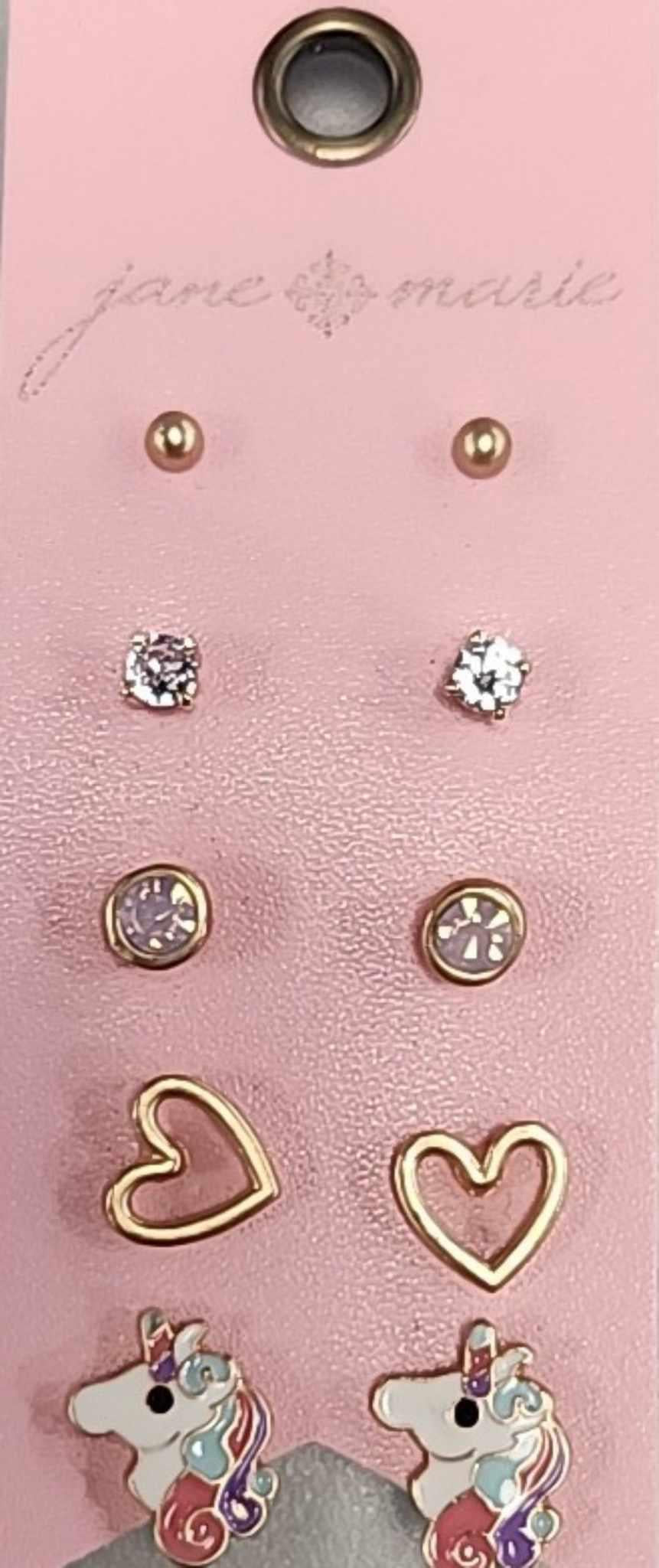 Kids 5 Stud Gold Bead, Crystal, Stone, Heart, and Unicorn Earring