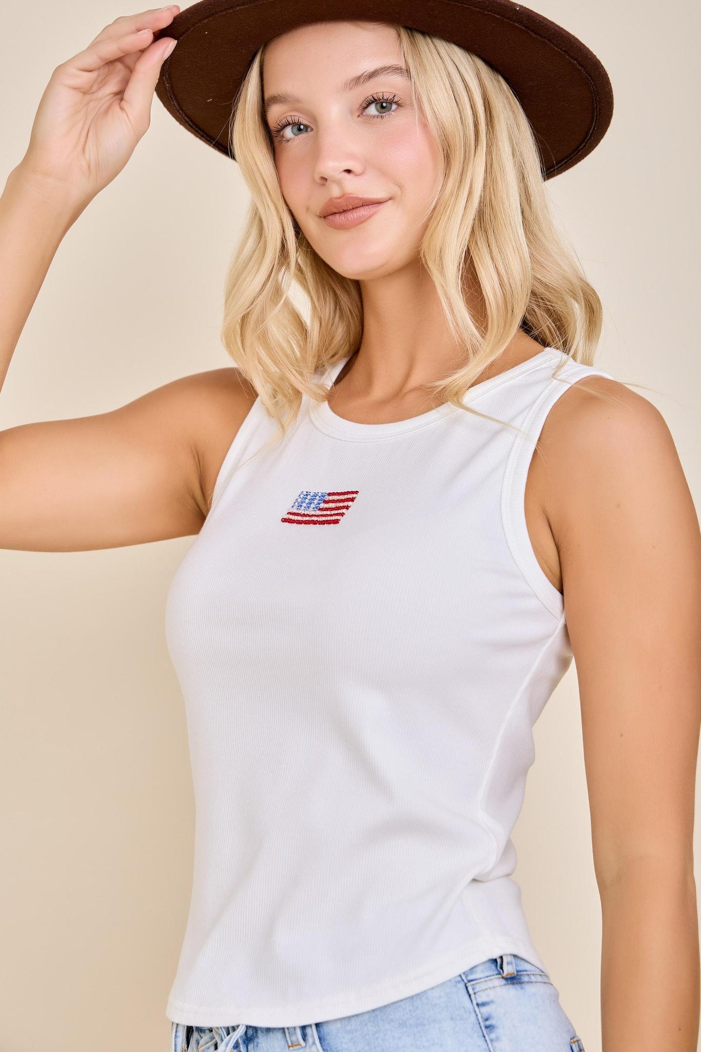 Embroidered Flag Ribbed Tank