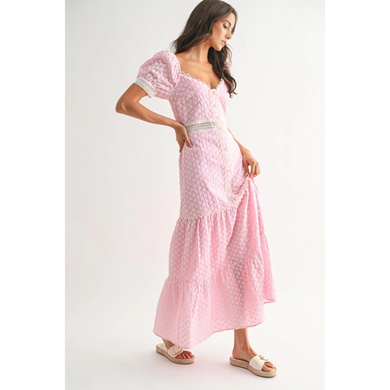 Pink Lace-Trimmed Maxi Dress