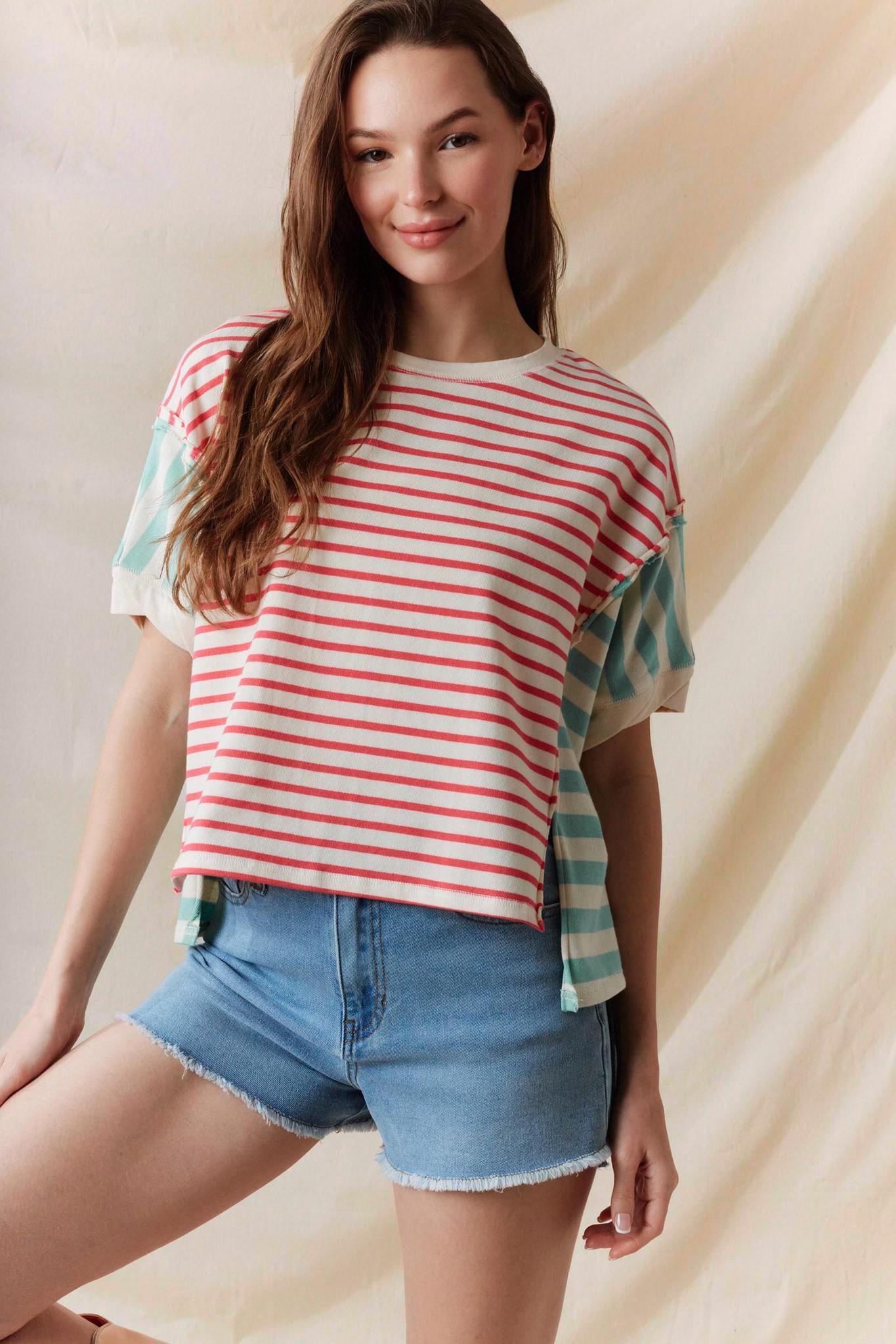 Coral/Mint Stripe Color Block Tee