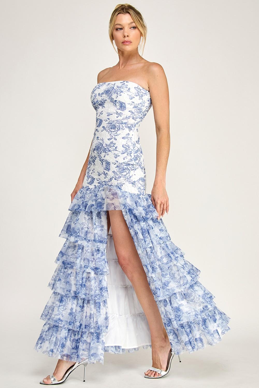 LACE BEADS FLORAL STRAPLESS FLOWY CHIFFON DRESS