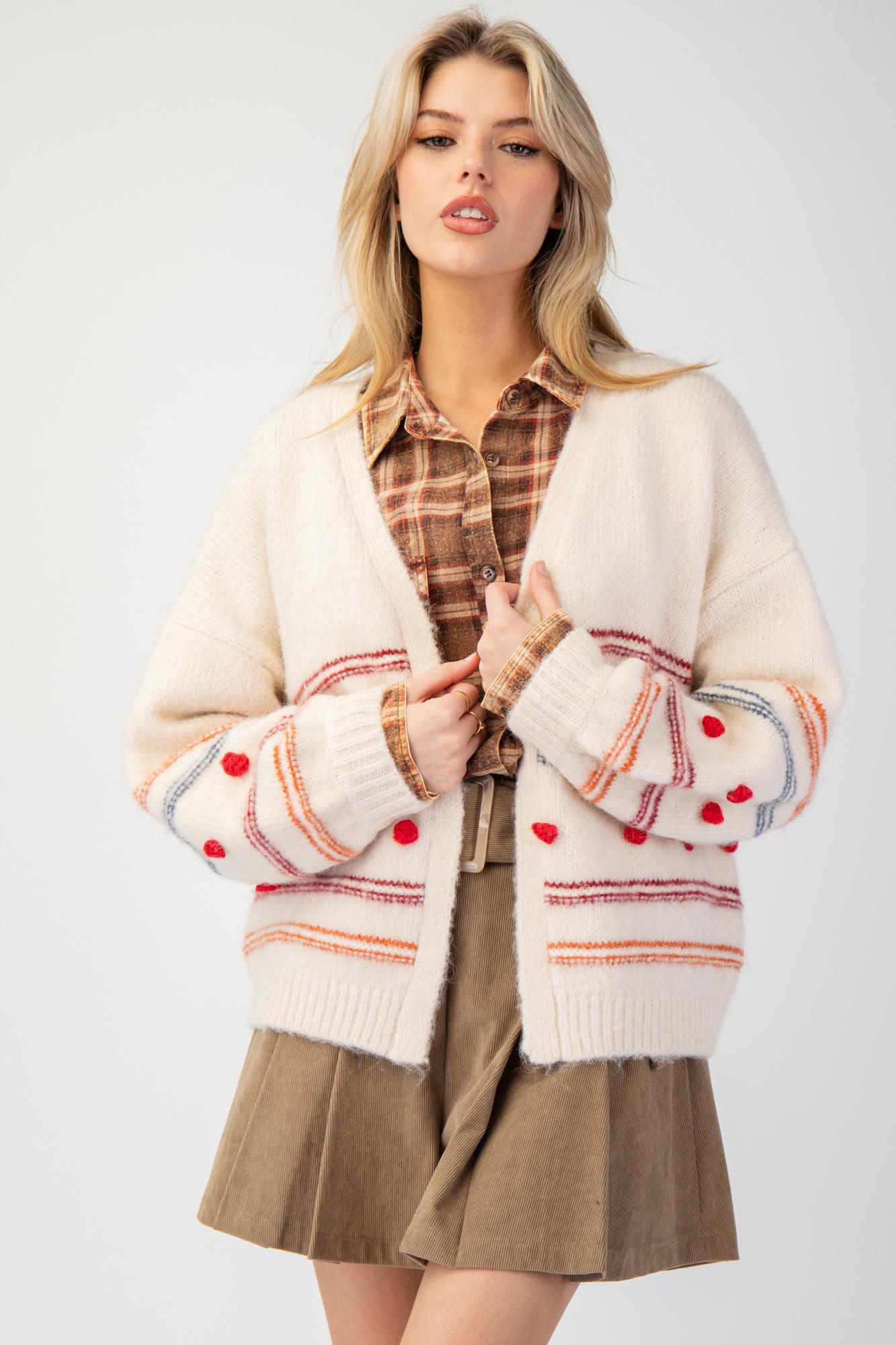 Pompom Stripe Knit Sweater Cardigan