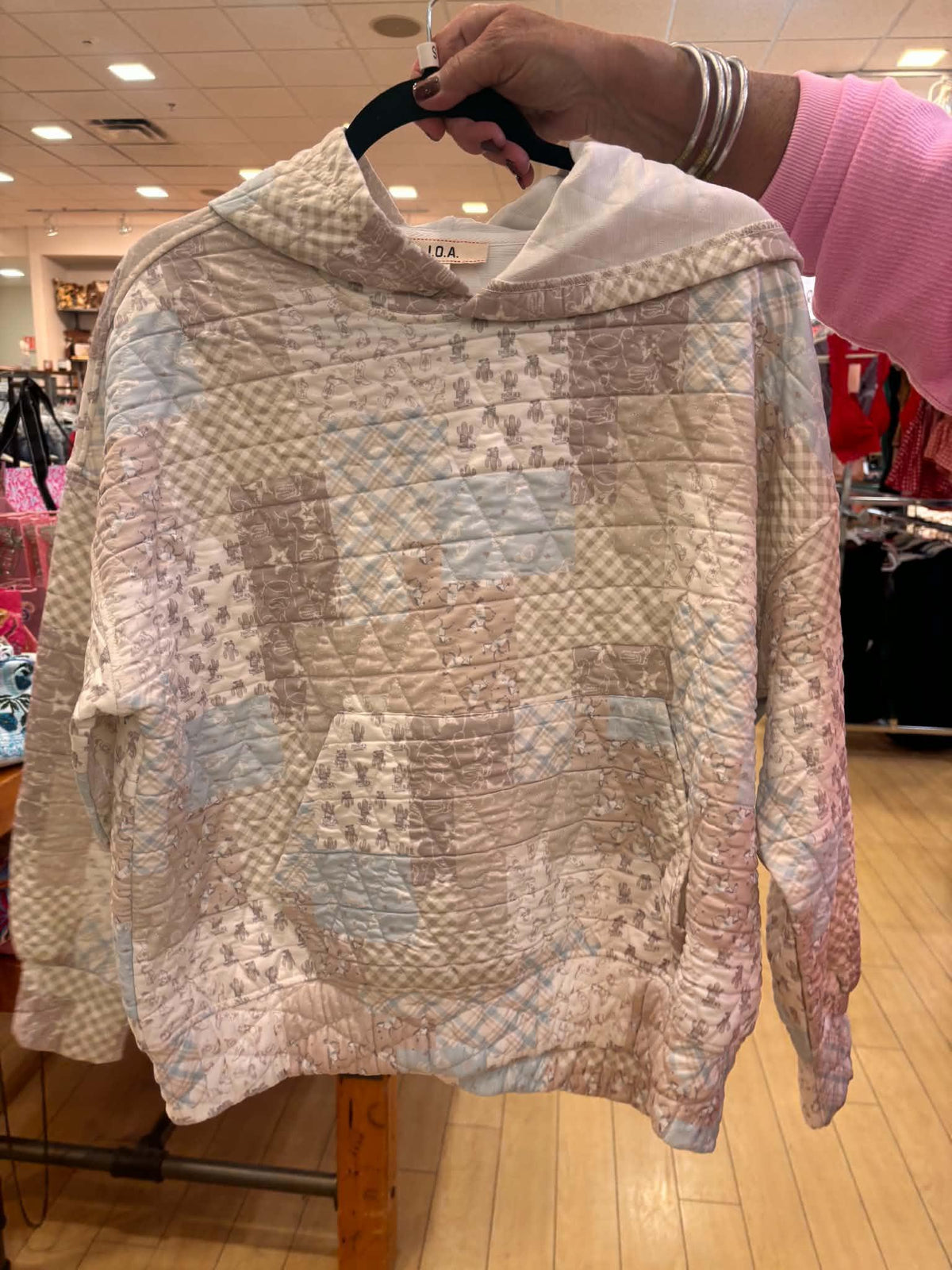 MULTI-PATTERN QUILTED PATCHWORK HOODIE PULLOVER