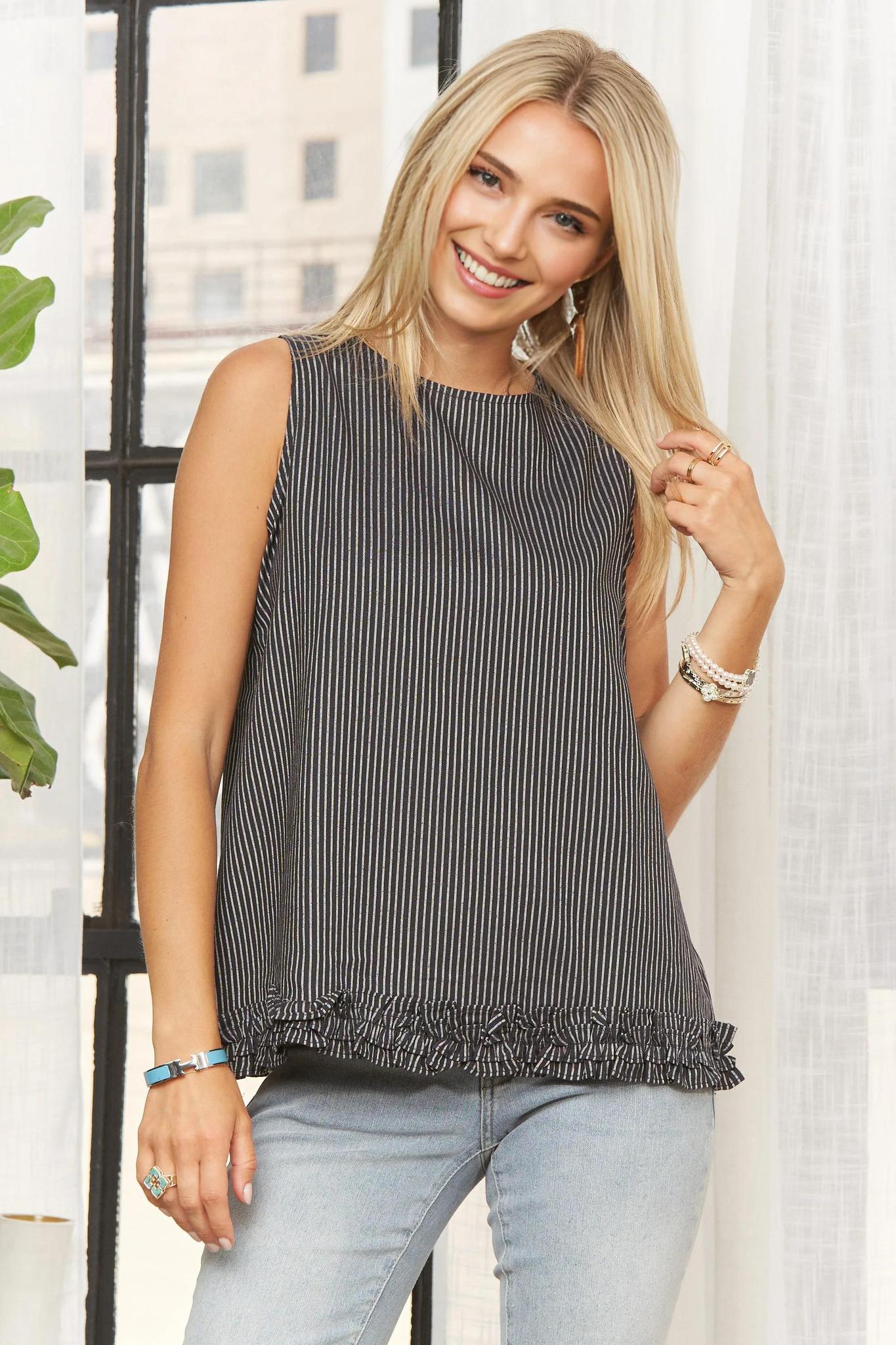 Sleeveless Striped Ruffled Hem Blouse
