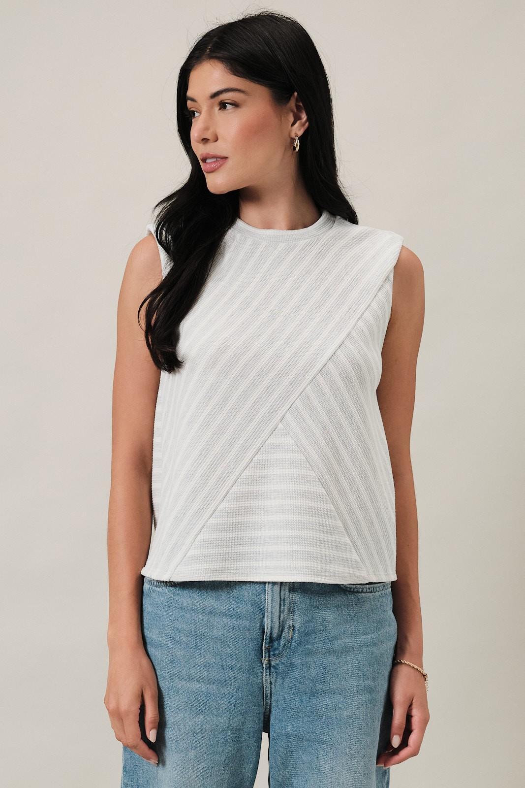 Crew Neck Sleeveless Diagonal Panel Stripe Top