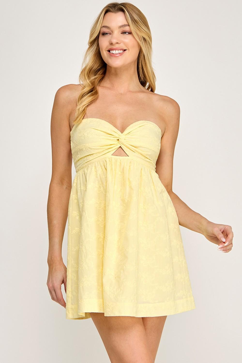 Lemon Twisted Front Embroidered Mini Dress