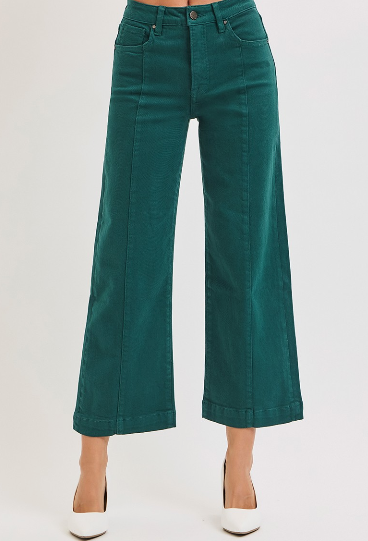 Hunter Green Tummy Control High Rise Crop Wide Pants