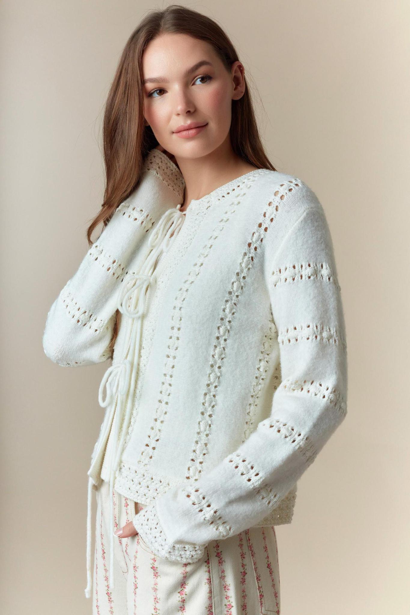 3 Bow Tie Strap Sweater Cardigan - Ivory