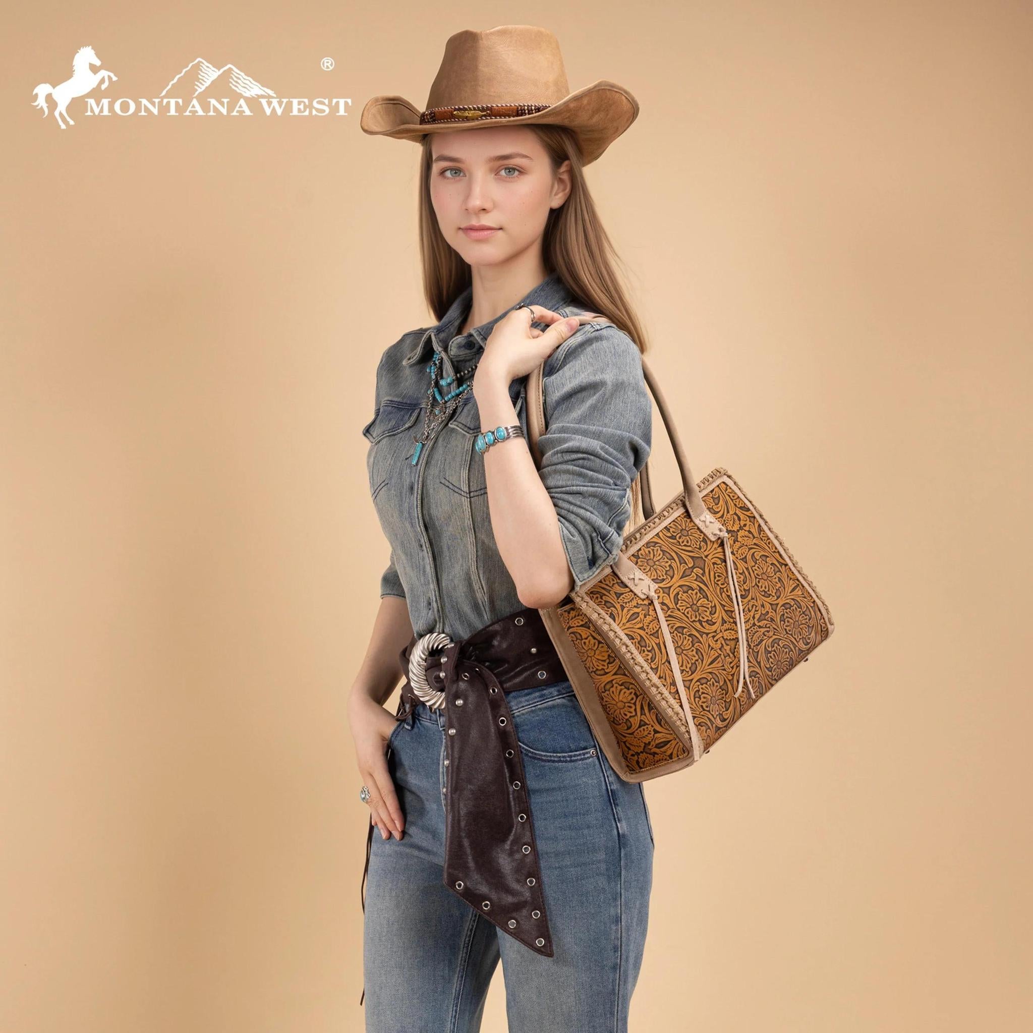 Montana West Tooled Concealed Carry Tote - Tan