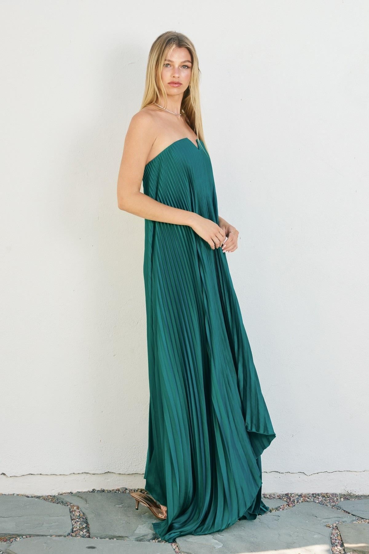 Satin Strapless Pleated Maxi Column Dress