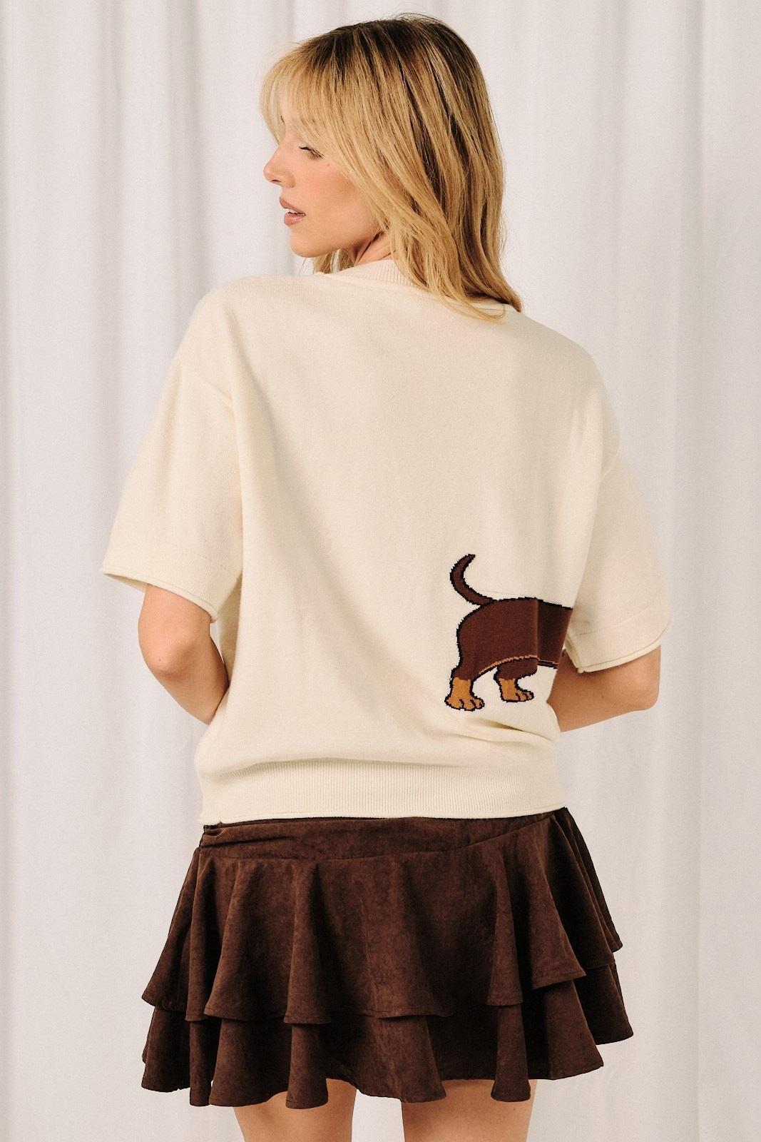 Round Neck Dachshund Graphic Short Sleeve Sweater Top