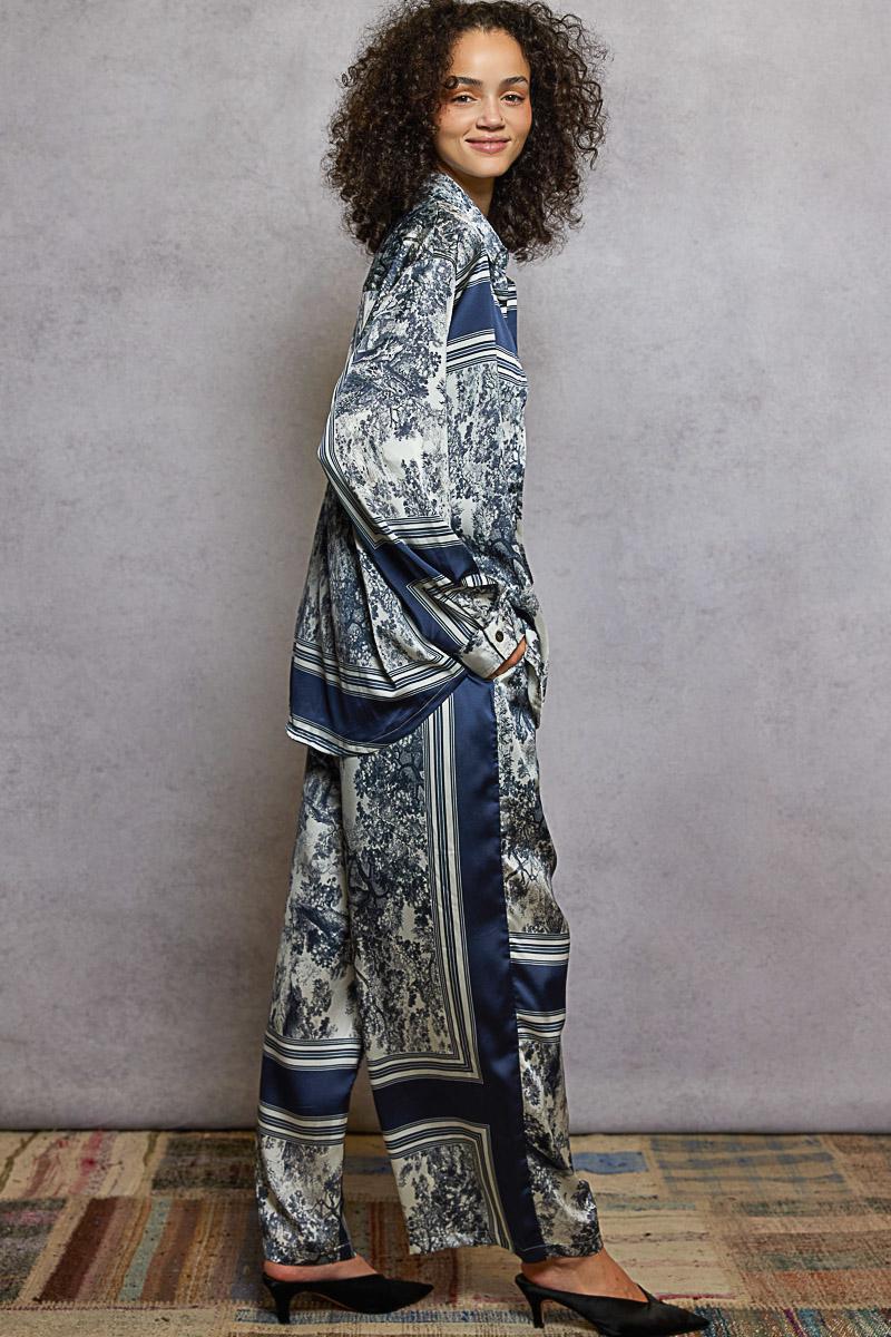 Ivory Navy Floral Silk Pants