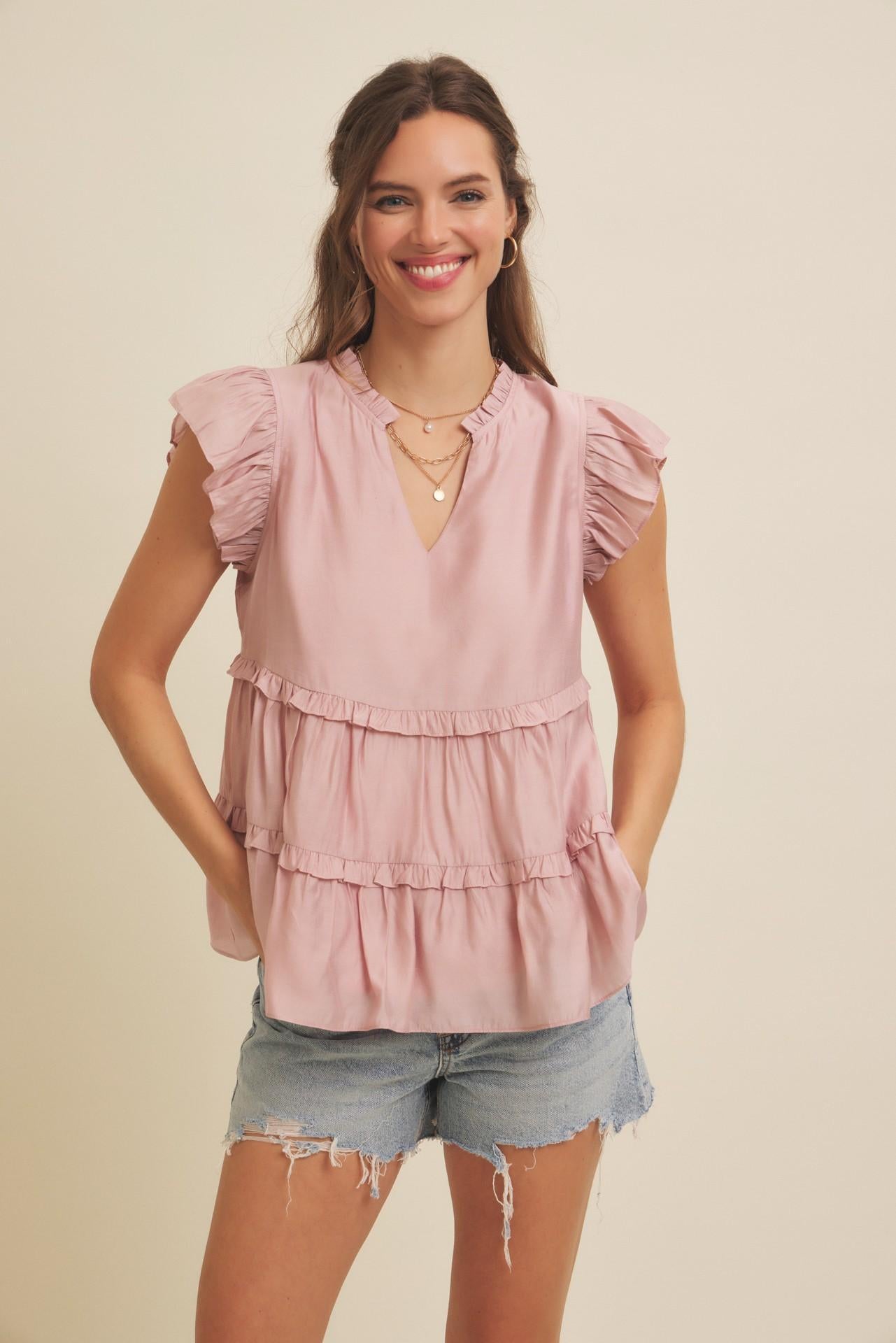 Dusty Rose Tiered Ruffle Flare Blouse With Ruffles