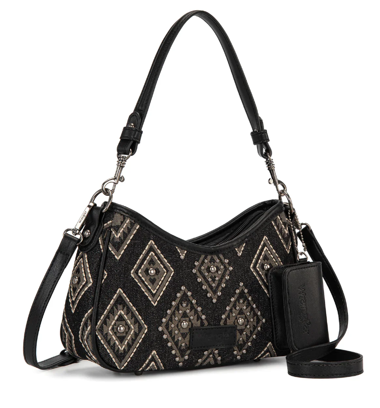 Wrangler Aztec Denim Studded Shoulder Bag - Black