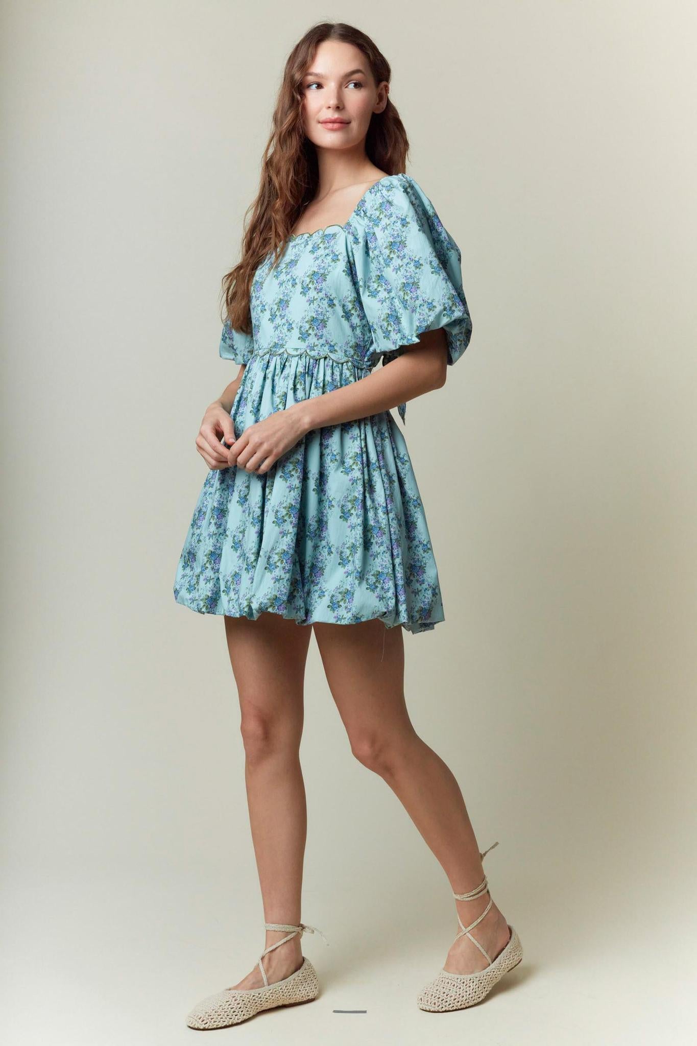 Emerald Floral Printed Scallop Embroidery Mini Dress