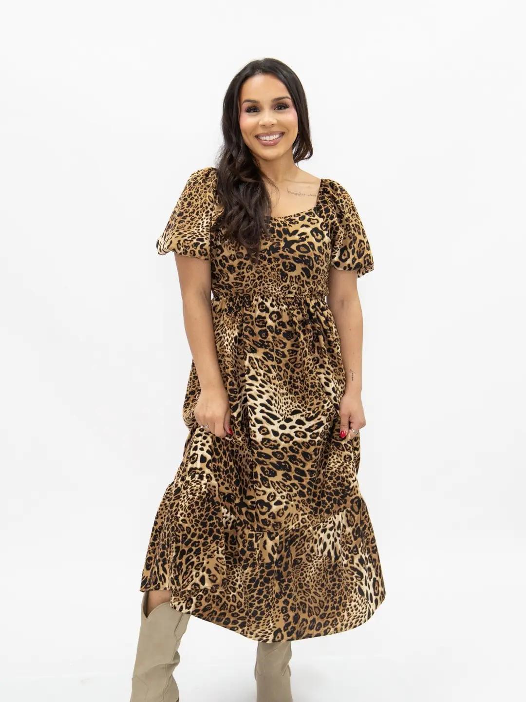Leopard Puff Sleeve Midi Dress