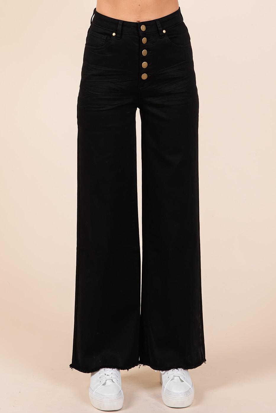 Black Twill High Waisted Button Fly Wide Leg Pants