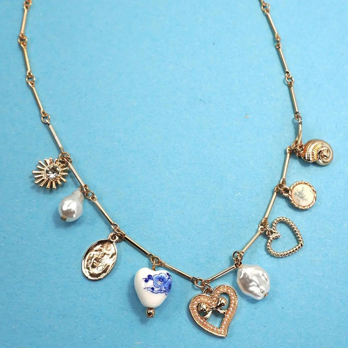Charm Necklace-Ceramic Porcelain Heart Pearl
