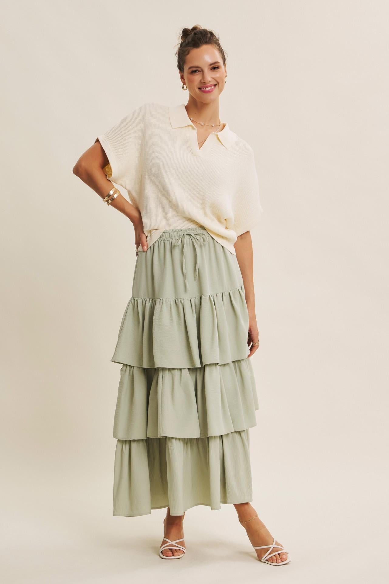 Airy Tiered Ruffle Maxi Skirt With Pockets - Sage
