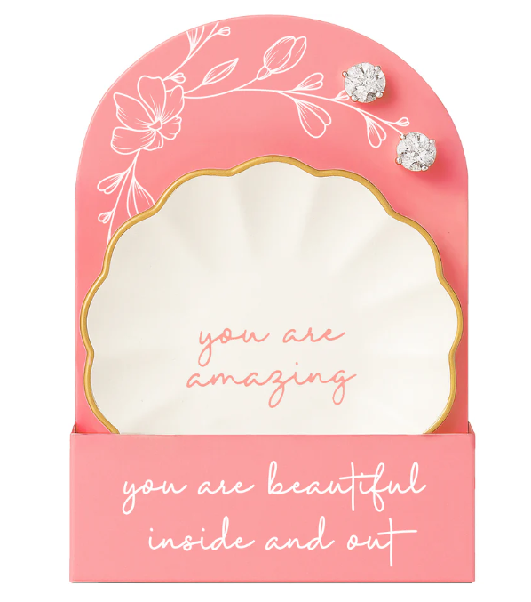 Amazing 2.75" Trinket Dish & 5mm Sterling Silver Cubic Zirconia Stud Earring Set