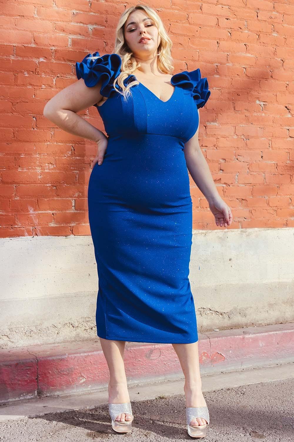 Royal Glitter Ruffle Shoulders Plus Size Midi Dress