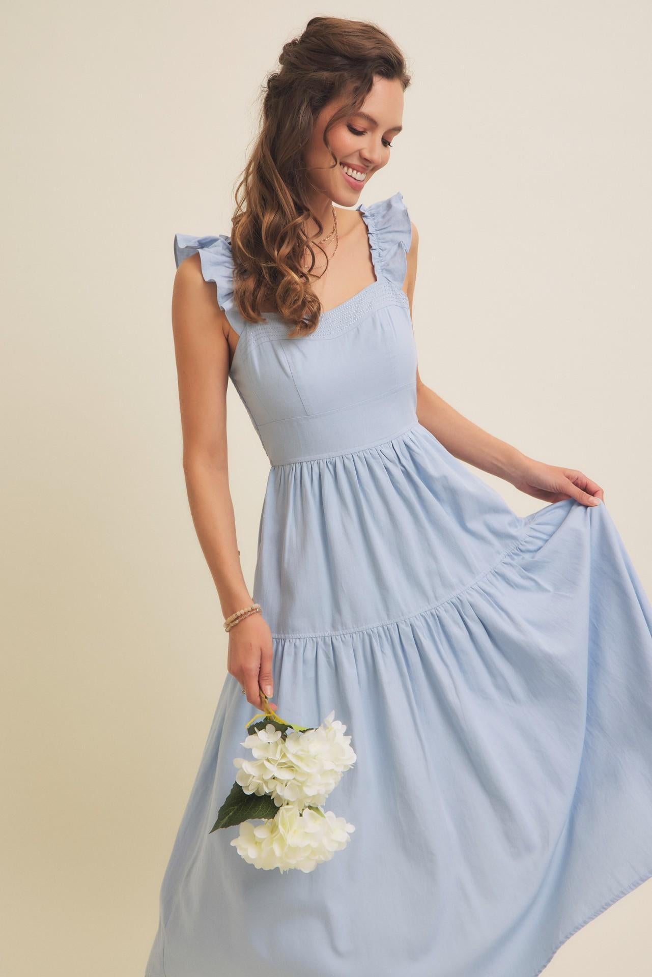 Cloud Gazing Airy Smocked Back Tiered Midi Dress