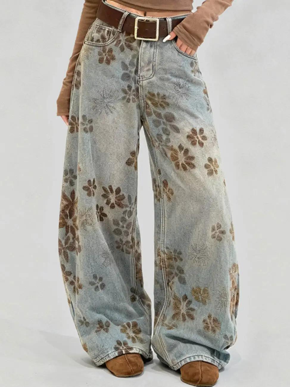 Floral Print Fleece Lined Wide Leg Denim Pants