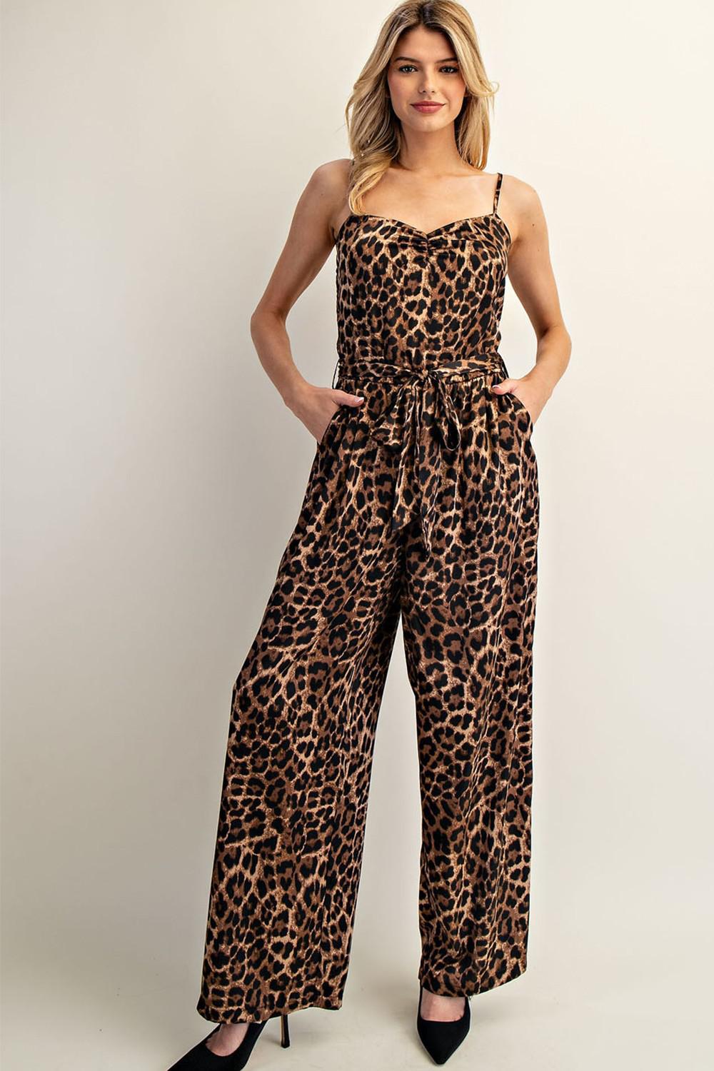 Leopard Tie Waist Sleeveless Jumpsuit