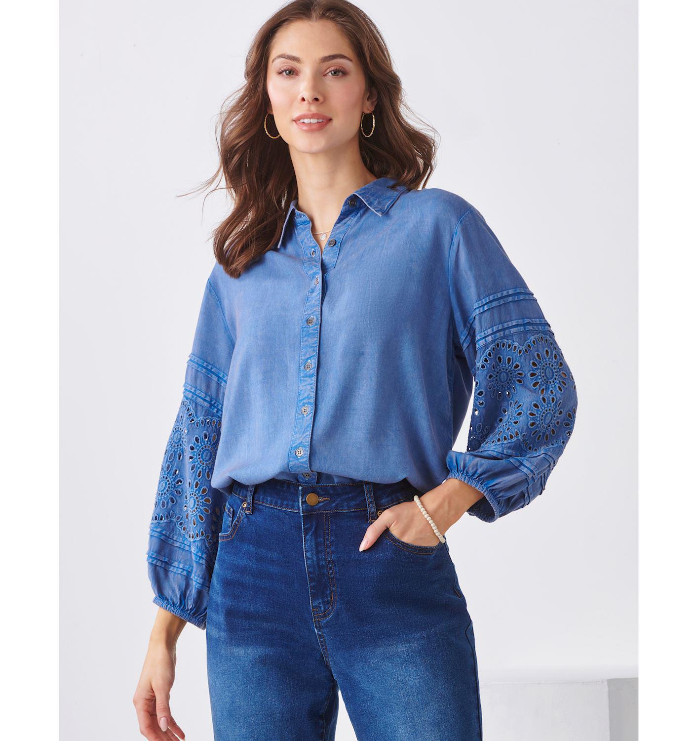 Embroidered Tencel Button Up Shirt in Blue