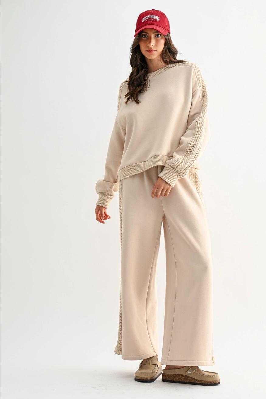 beige Cable Knit Trim Oversized Lounge Set