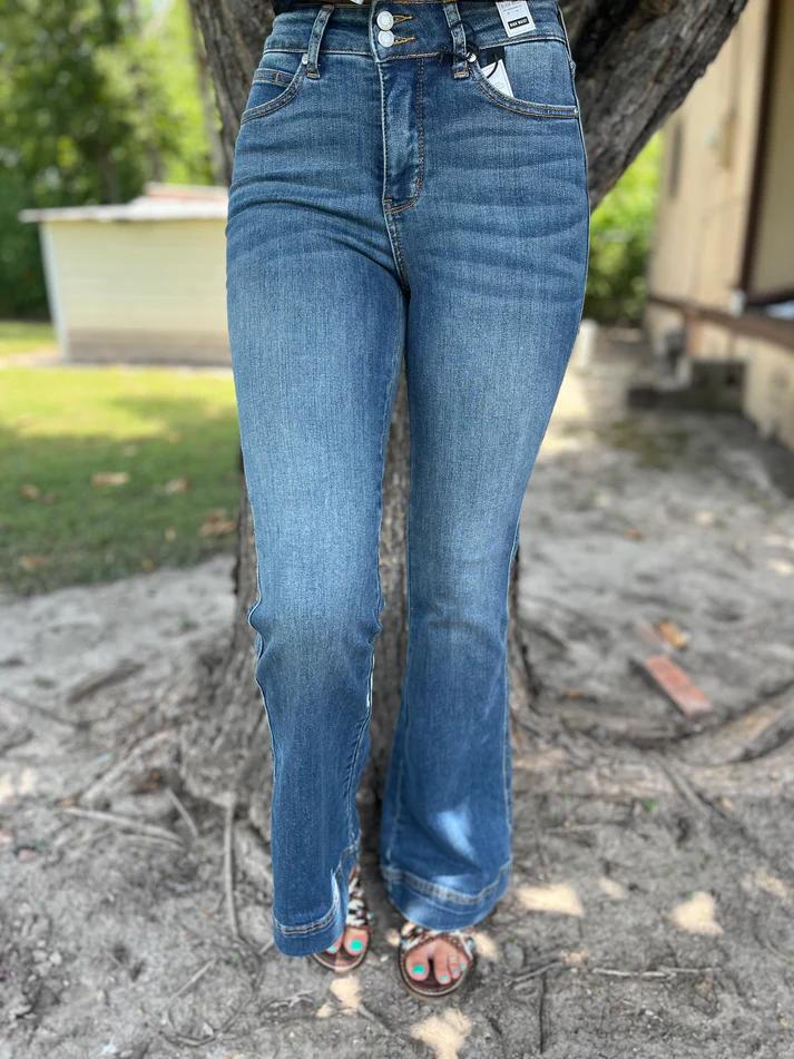 Judy Blue HW Petite Flare Double Button Jeans