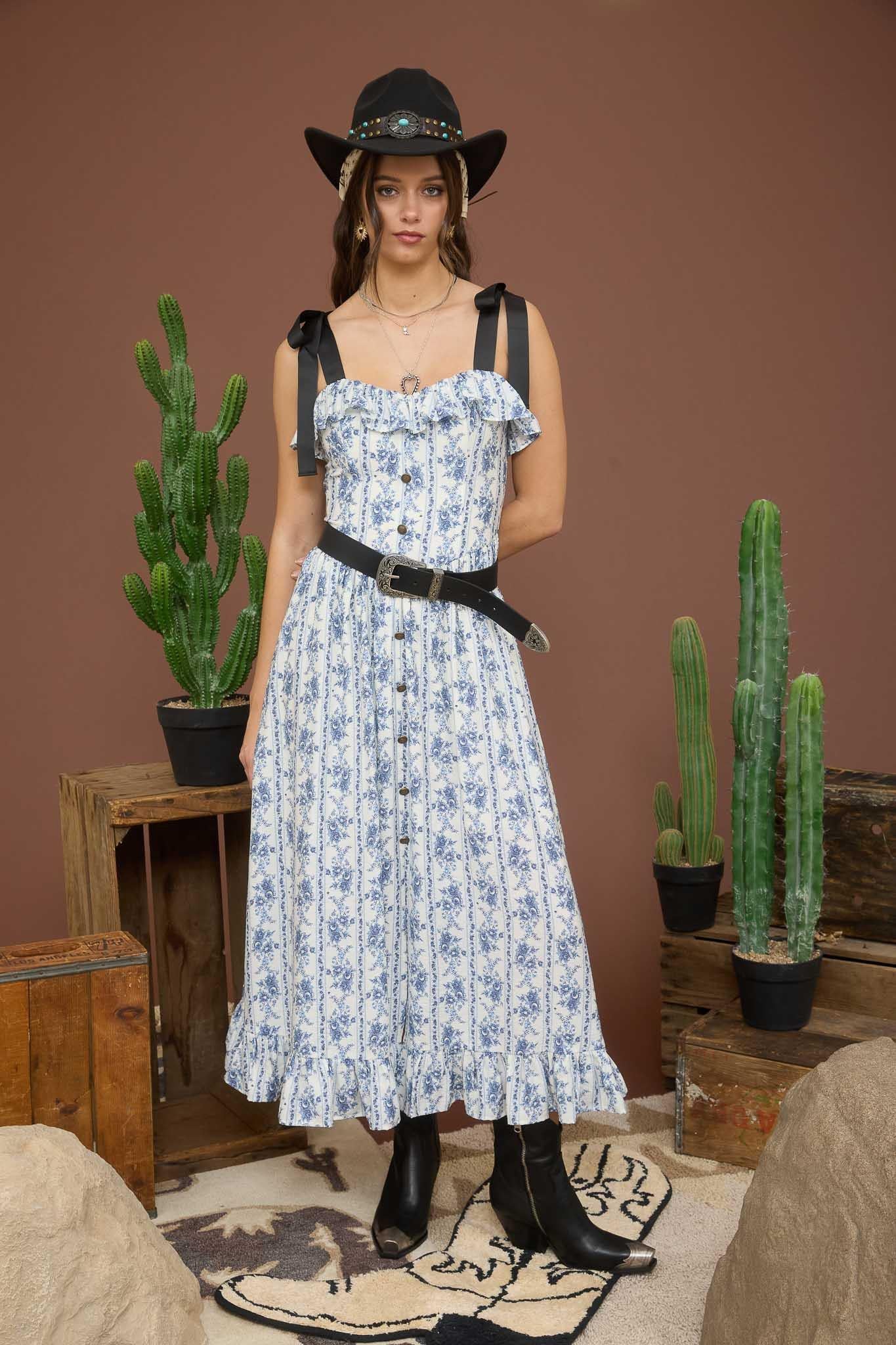 Blue Floral Striped Ruffle Midi Dress