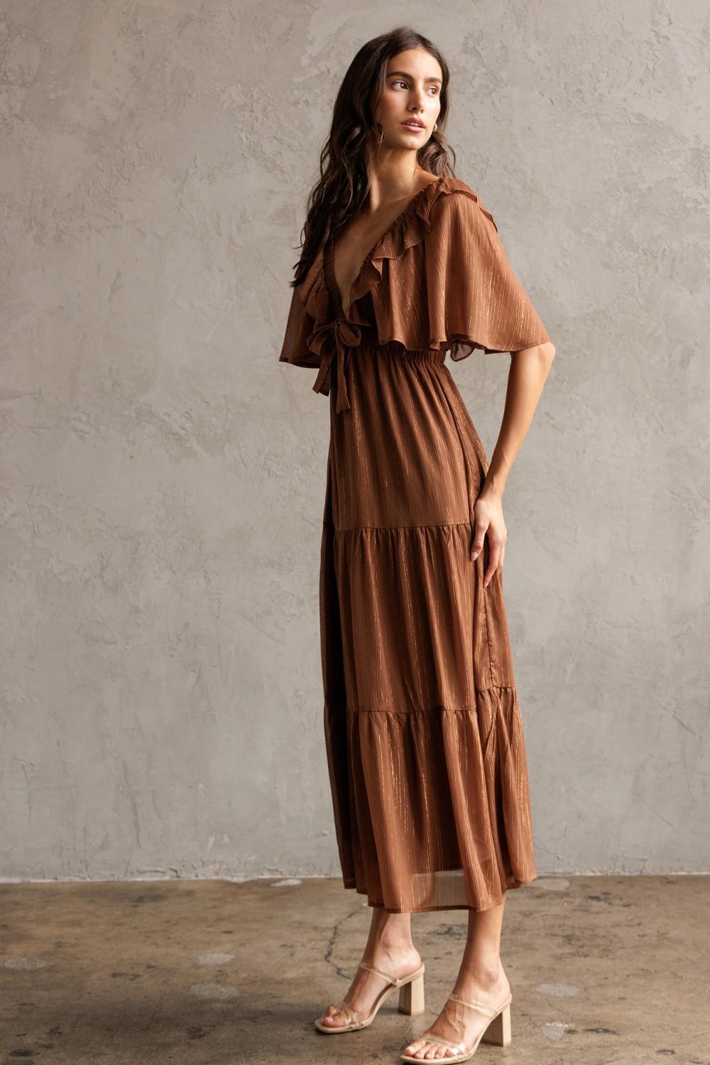 Shimmer Brown Metallic Tiered Midi Dress